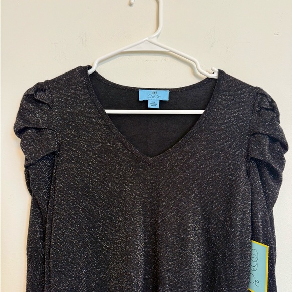 2/$30 CeCe - Black Shimmer V-Neck Long Sleeve Top Puff Shoulder XS NWT - Picture 2 of 7